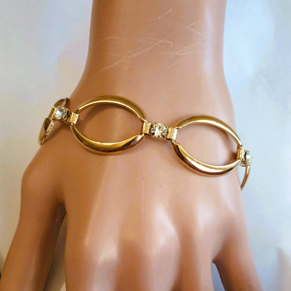 Avon Vintage Gold Oval Link Bracelet 8" Women's w Clear Pronged Stones Jewelry